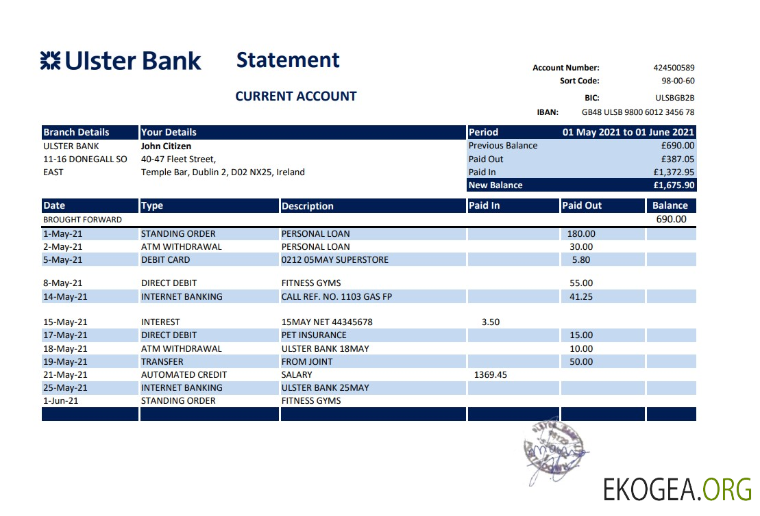 Relevé bancaire de la République d'Irlande Ulster, modèle facile à remplir au format Excel et PDF